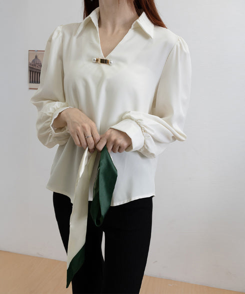ボウタイブラウス長袖ネクタイ付きブラウス バイカラー Vネックトップス レディース シャツブラウス オフィスカジュアル 大人女性 通勤服 20代30代40代韓国風 90ZHUIMR-001