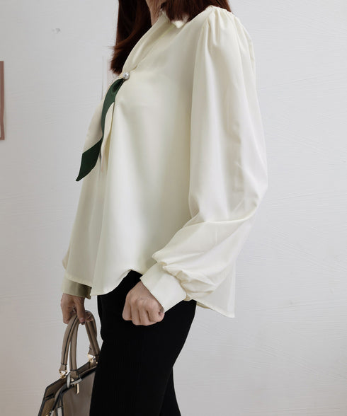 ボウタイブラウス長袖ネクタイ付きブラウス バイカラー Vネックトップス レディース シャツブラウス オフィスカジュアル 大人女性 通勤服 20代30代40代韓国風 90ZHUIMR-001