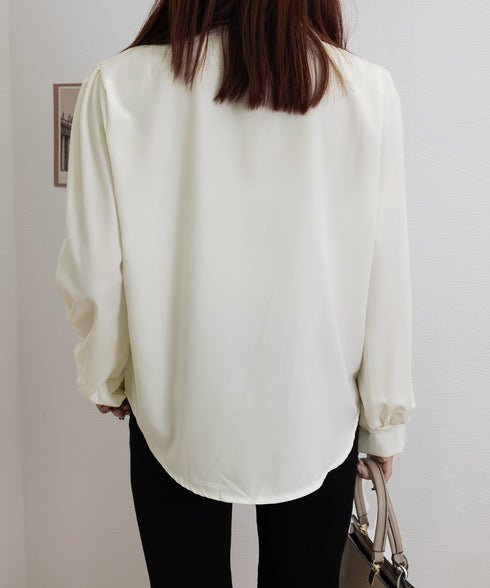 ボウタイブラウス長袖ネクタイ付きブラウス バイカラー Vネックトップス レディース シャツブラウス オフィスカジュアル 大人女性 通勤服 20代30代40代韓国風 90ZHUIMR-001