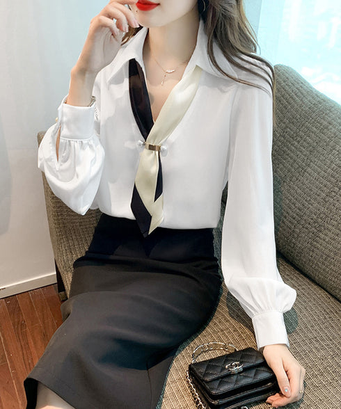 ボウタイブラウス長袖ネクタイ付きブラウス バイカラー Vネックトップス レディース シャツブラウス オフィスカジュアル 大人女性 通勤服 20代30代40代韓国風 90ZHUIMR-001
