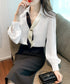 ボウタイブラウス長袖ネクタイ付きブラウス バイカラー Vネックトップス レディース シャツブラウス オフィスカジュアル 大人女性 通勤服 20代30代40代韓国風 90ZHUIMR-001
