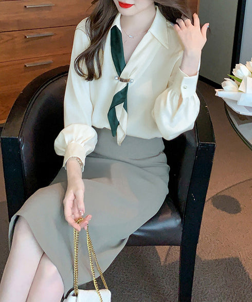 ボウタイブラウス長袖ネクタイ付きブラウス バイカラー Vネックトップス レディース シャツブラウス オフィスカジュアル 大人女性 通勤服 20代30代40代韓国風 90ZHUIMR-001