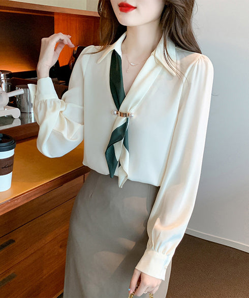 ボウタイブラウス長袖ネクタイ付きブラウス バイカラー Vネックトップス レディース シャツブラウス オフィスカジュアル 大人女性 通勤服 20代30代40代韓国風 90ZHUIMR-001