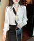 ボウタイブラウス長袖ネクタイ付きブラウス バイカラー Vネックトップス レディース シャツブラウス オフィスカジュアル 大人女性 通勤服 20代30代40代韓国風 90ZHUIMR-001