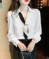 ボウタイブラウス長袖ネクタイ付きブラウス バイカラー Vネックトップス レディース シャツブラウス オフィスカジュアル 大人女性 通勤服 20代30代40代韓国風 90ZHUIMR-001