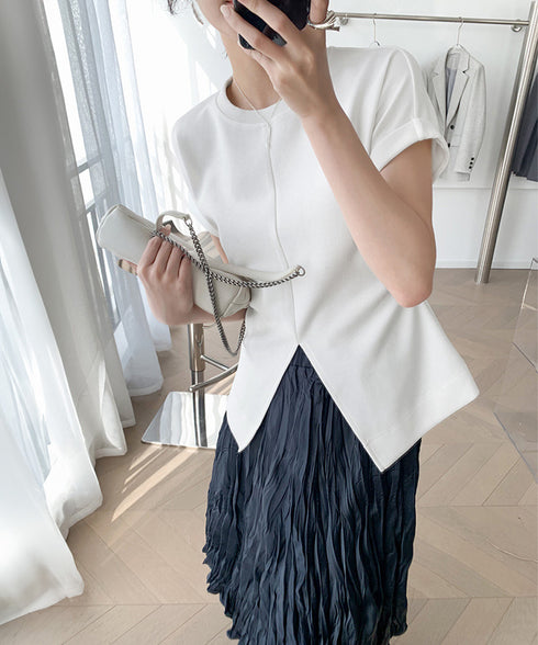 フロントスリットtシャツレディース韓国風 クルーネックtシャツ半袖 無地ロングTシャツ カジュアルきれいめ ウエストギャザーTシャツ シンプルおしゃれトップス春夏 90ZHUIMR-002