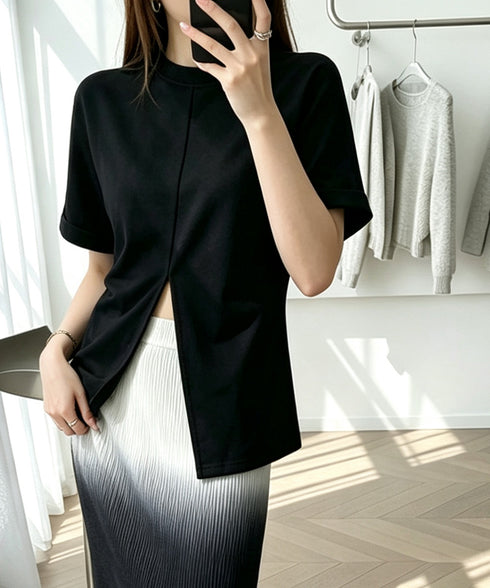 フロントスリットtシャツレディース韓国風 クルーネックtシャツ半袖 無地ロングTシャツ カジュアルきれいめ ウエストギャザーTシャツ シンプルおしゃれトップス春夏 90ZHUIMR-002