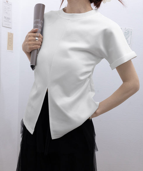 フロントスリットtシャツレディース韓国風 クルーネックtシャツ半袖 無地ロングTシャツ カジュアルきれいめ ウエストギャザーTシャツ シンプルおしゃれトップス春夏 90ZHUIMR-002