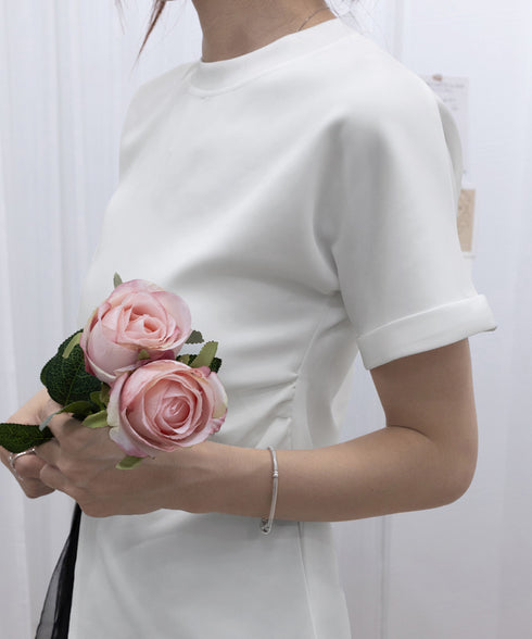 フロントスリットtシャツレディース韓国風 クルーネックtシャツ半袖 無地ロングTシャツ カジュアルきれいめ ウエストギャザーTシャツ シンプルおしゃれトップス春夏 90ZHUIMR-002