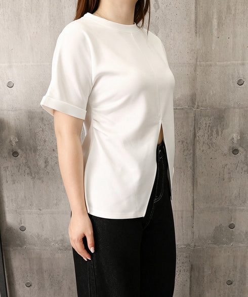 フロントスリットtシャツレディース韓国風 クルーネックtシャツ半袖 無地ロングTシャツ カジュアルきれいめ ウエストギャザーTシャツ シンプルおしゃれトップス春夏 90ZHUIMR-002