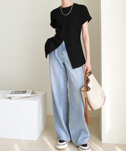 フロントスリットtシャツレディース韓国風 クルーネックtシャツ半袖 無地ロングTシャツ カジュアルきれいめ ウエストギャザーTシャツ シンプルおしゃれトップス春夏 90ZHUIMR-002