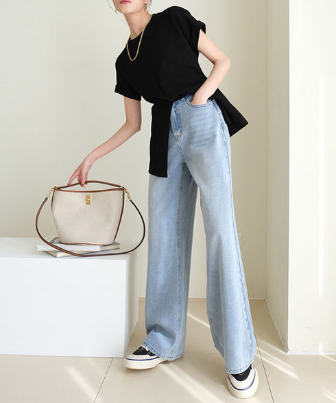 フロントスリットtシャツレディース韓国風 クルーネックtシャツ半袖 無地ロングTシャツ カジュアルきれいめ ウエストギャザーTシャツ シンプルおしゃれトップス春夏 90ZHUIMR-002