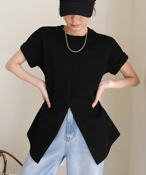 フロントスリットtシャツレディース韓国風 クルーネックtシャツ半袖 無地ロングTシャツ カジュアルきれいめ ウエストギャザーTシャツ シンプルおしゃれトップス春夏 90ZHUIMR-002