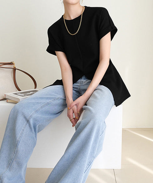 フロントスリットtシャツレディース韓国風 クルーネックtシャツ半袖 無地ロングTシャツ カジュアルきれいめ ウエストギャザーTシャツ シンプルおしゃれトップス春夏 90ZHUIMR-002