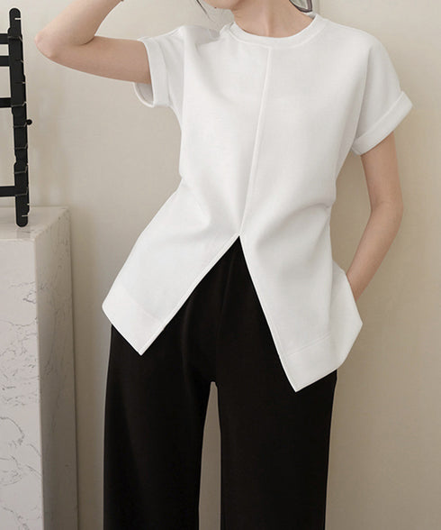 フロントスリットtシャツレディース韓国風 クルーネックtシャツ半袖 無地ロングTシャツ カジュアルきれいめ ウエストギャザーTシャツ シンプルおしゃれトップス春夏 90ZHUIMR-002