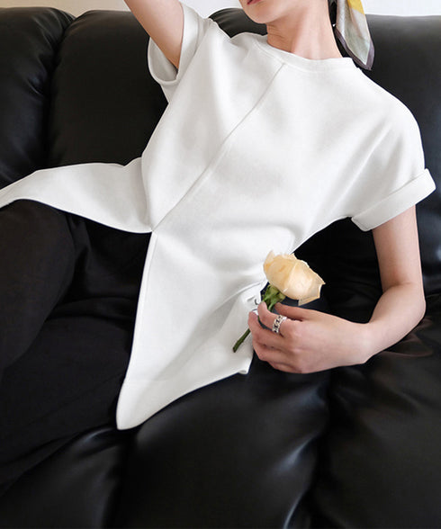 フロントスリットtシャツレディース韓国風 クルーネックtシャツ半袖 無地ロングTシャツ カジュアルきれいめ ウエストギャザーTシャツ シンプルおしゃれトップス春夏 90ZHUIMR-002