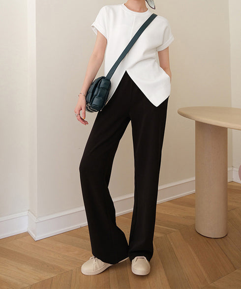 フロントスリットtシャツレディース韓国風 クルーネックtシャツ半袖 無地ロングTシャツ カジュアルきれいめ ウエストギャザーTシャツ シンプルおしゃれトップス春夏 90ZHUIMR-002