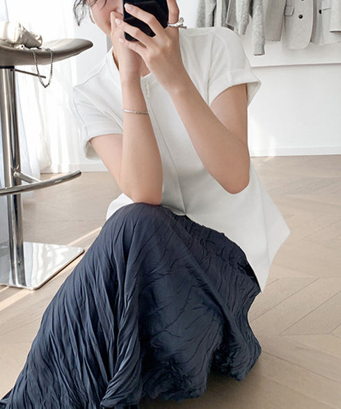 フロントスリットtシャツレディース韓国風 クルーネックtシャツ半袖 無地ロングTシャツ カジュアルきれいめ ウエストギャザーTシャツ シンプルおしゃれトップス春夏 90ZHUIMR-002