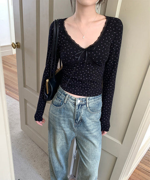 カップ付きトップス レディース Vネック ショート丈インナートップス 小花柄と無地 リブTシャツ おしゃれ 細見えトップス 可愛い肌着 レースリボントップス 春秋 92DQSZZ-001