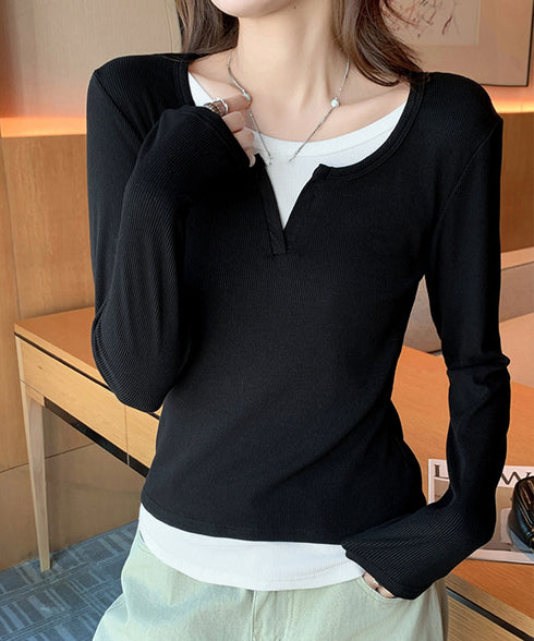 レイヤード風Tシャツ スリットネック秋服 レディース 重ね着風 カットソー 大人カジュアル 細見えTシャツ シンプル ストレッチフィット インナートップスおしゃれ 92EZ-001