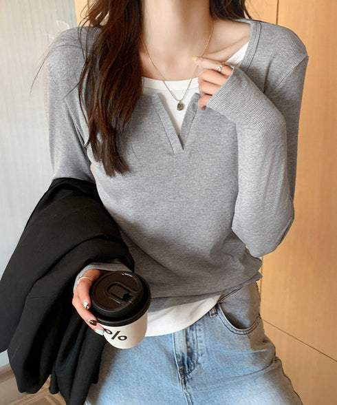 レイヤード風Tシャツ スリットネック秋服 レディース 重ね着風 カットソー 大人カジュアル 細見えTシャツ シンプル ストレッチフィット インナートップスおしゃれ 92EZ-001