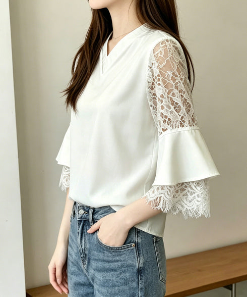 花柄レースVネックブラウスフレア袖春夏服 レディース 上品フラワーレースとろみブラウス 体型カバートップス 大人フェミニン 通勤服韓国風きれいめ ゆったりブラウス 92HANPINFS-009