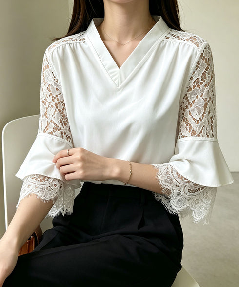 花柄レースVネックブラウスフレア袖春夏服 レディース 上品フラワーレースとろみブラウス 体型カバートップス 大人フェミニン 通勤服韓国風きれいめ ゆったりブラウス 92HANPINFS-009