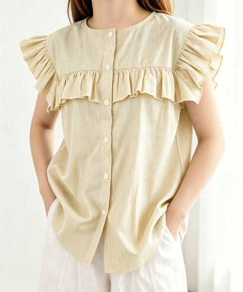 レディースフリルブラウス 半袖シャツ夏服 大人可愛いストライプシャツ きれいめフェミニン フレンチスリーブブラウス 体型カバー 着映えトップス オフィスカジュアル 92HANPINFS-011