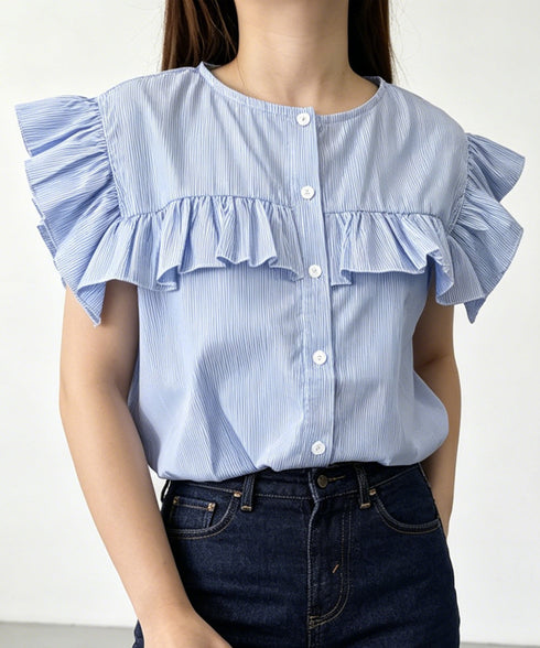レディースフリルブラウス 半袖シャツ夏服 大人可愛いストライプシャツ きれいめフェミニン フレンチスリーブブラウス 体型カバー 着映えトップス オフィスカジュアル 92HANPINFS-011