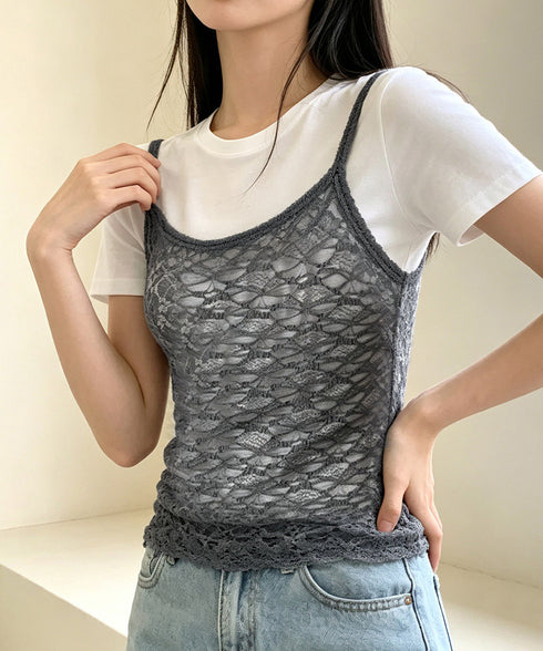 総レースシアーキャミソールレイヤード夏服 花柄レースインナー シースルーキャミ ビスチェ風トップス透け感 重ね着インナーセクシーきれいめ着やせ可愛いチラ見せキャミ 92HANPINFS-013