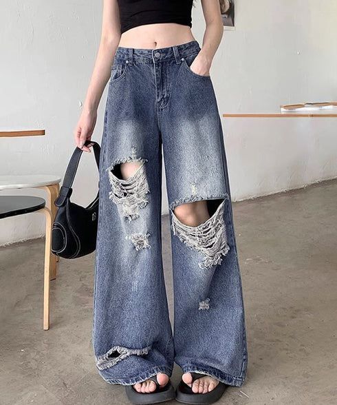 ダメージ デニムワイドパンツ レディース ハイウエストヴィンテージダメージジーンズ レトロバギーパンツ体型カバークラッシュデニムカジュアルボトムス美脚脚長 韓国風 92HANPINFS-014