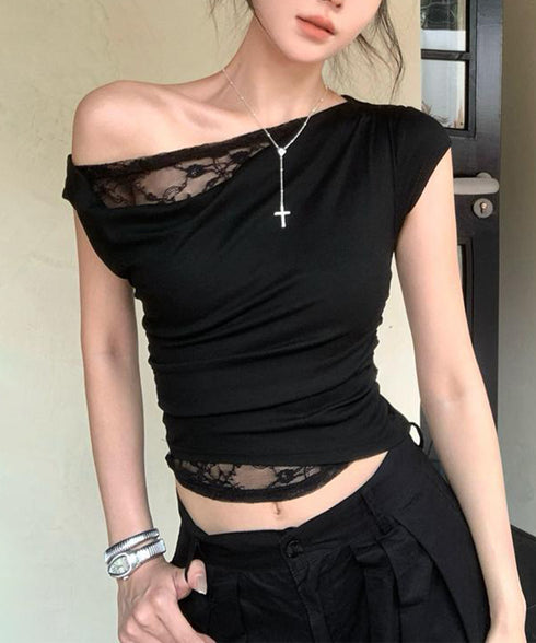 オフショル レースカットソー半袖Tシャツ ワンショルトップスレディース アシンメトリーレースドッキングシャツ おしゃれクロップドtシャツ細見え 肌見せ夏服 韓国風 92HEITAOBH-002