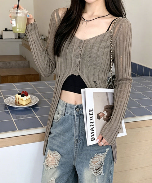 ダメージ シアーニットトップス長袖透け感 透かし編みトップス レディース ロングスリーブ ニットカーディガン 大人可愛い サマーニットフロントボタン 韓国風春夏秋 92HEITAOBH-003