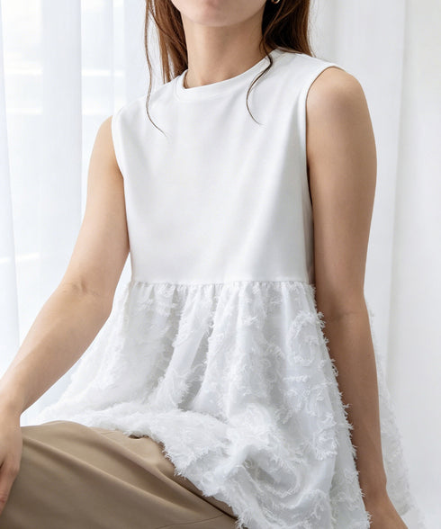 フェザー切替ノースリーブペプラムブラウス レディース クルーネックtシャツ 華やかなドッキングトップス大人可愛い 涼しげブラウス ジャガードカットソー夏チュニック 92HHXM-001