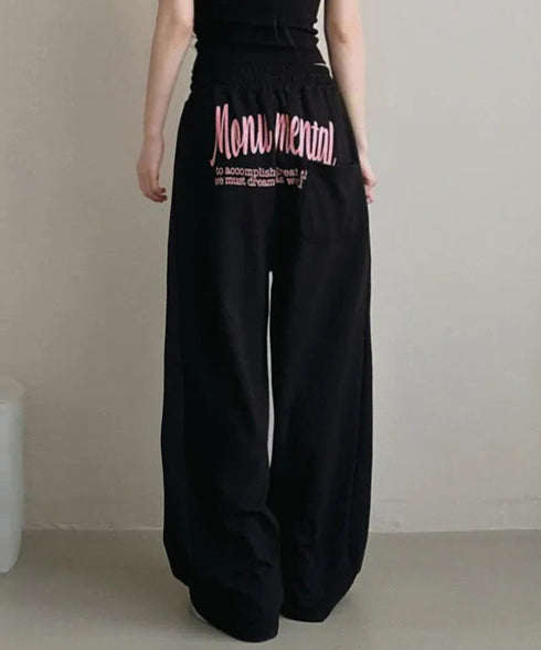 バッグプリントワイドスエットパンツ韓国風 レディースワイドパンツ 裏起毛パンツ イージーパンツ 着やせボトムス ゆったり運動着 リラックスパンツ楽ちんロングパンツ 92HJHYDZ-001