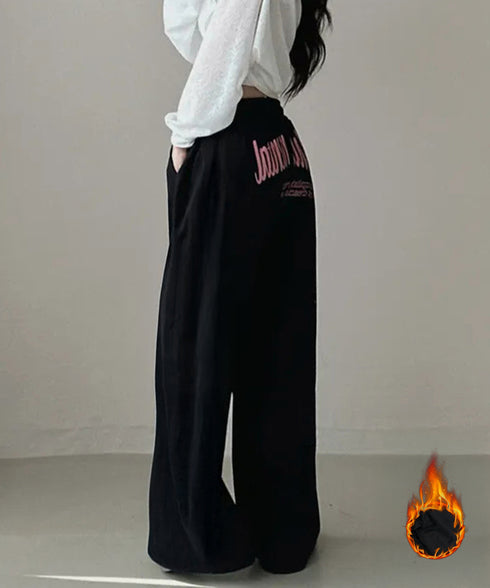 バッグプリントワイドスエットパンツ韓国風 レディースワイドパンツ 裏起毛パンツ イージーパンツ 着やせボトムス ゆったり運動着 リラックスパンツ楽ちんロングパンツ 92HJHYDZ-001