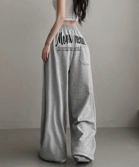 バッグプリントワイドスエットパンツ韓国風 レディースワイドパンツ 裏起毛パンツ イージーパンツ 着やせボトムス ゆったり運動着 リラックスパンツ楽ちんロングパンツ 92HJHYDZ-001