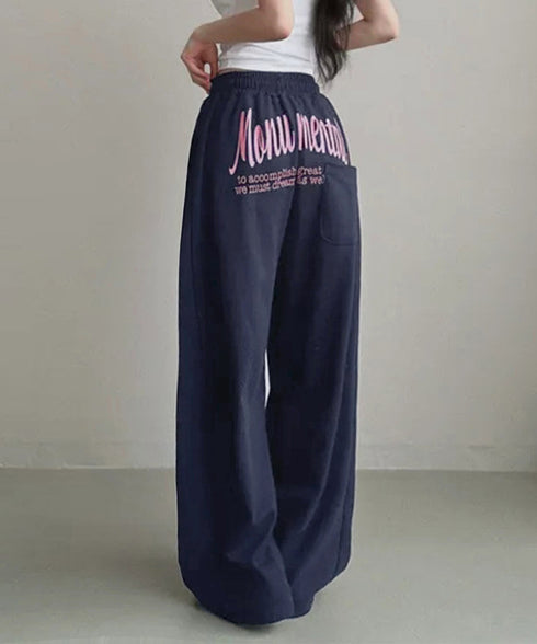バッグプリントワイドスエットパンツ韓国風 レディースワイドパンツ 裏起毛パンツ イージーパンツ 着やせボトムス ゆったり運動着 リラックスパンツ楽ちんロングパンツ 92HJHYDZ-001