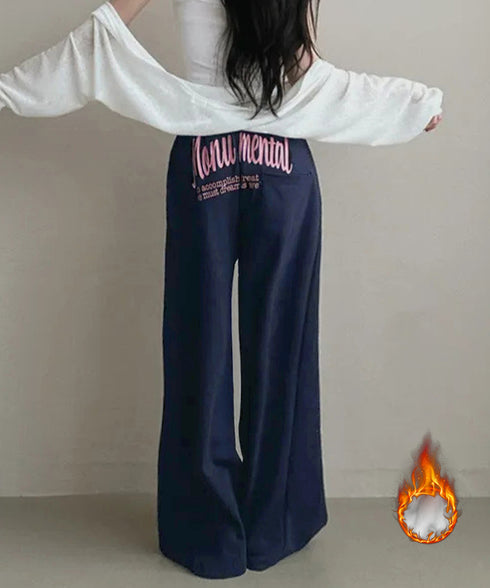バッグプリントワイドスエットパンツ韓国風 レディースワイドパンツ 裏起毛パンツ イージーパンツ 着やせボトムス ゆったり運動着 リラックスパンツ楽ちんロングパンツ 92HJHYDZ-001
