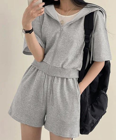 スウェットセットアップレディース半袖夏服 ジップアップパーカー クロップド丈トップス夏 ハイウエストショートパンツ 上下セット ウエストゴム美脚ショーパン 韓国風 92HJHYDZ-003
