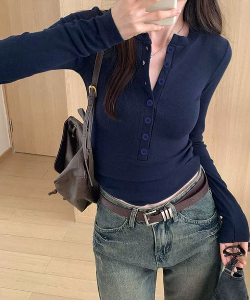 ハーフボタンカットソー長袖タイトtシャツ レディース ヘンリーネックプルオーバー シンプル 細見えTシャツ 着回しベーシックトップス ストレッチフィットカットソー 92HLH-001