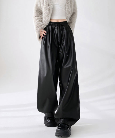 フェイクレザーワイドパンツ ハイウエスト レディース エコレザーパンツ着やせ ウエストゴム合皮パンツ ポケット付きイージーパンツおしゃれ 美脚脚長ストレートパンツ 92HUOLI-001