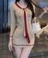 リボンタイミニワンピース配色ニットドレス セクシー ボディラインワンピ韓国風 ゴールドボダン 膝上丈タイトワンピース 上品きれいめ 重ね着ニットワンピース 着やせ 92JIAYINI-001