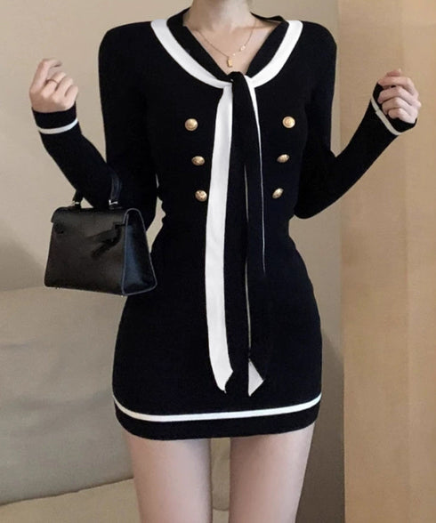 リボンタイミニワンピース配色ニットドレス セクシー ボディラインワンピ韓国風 ゴールドボダン 膝上丈タイトワンピース 上品きれいめ 重ね着ニットワンピース 着やせ 92JIAYINI-001