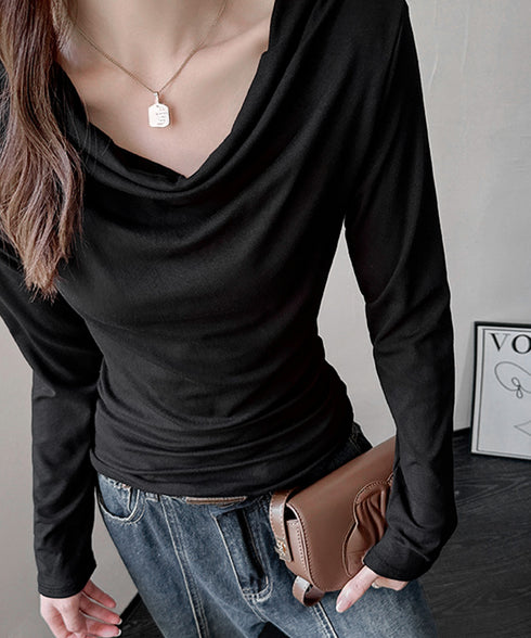 ドレープネックTシャツ 長袖トップス春秋 レディース おしゃれカットソー オフィスカジュアル 柔らかなプルオーバー 大人通勤トップス 韓国風 無地カットソー細見え 92JILAI-001