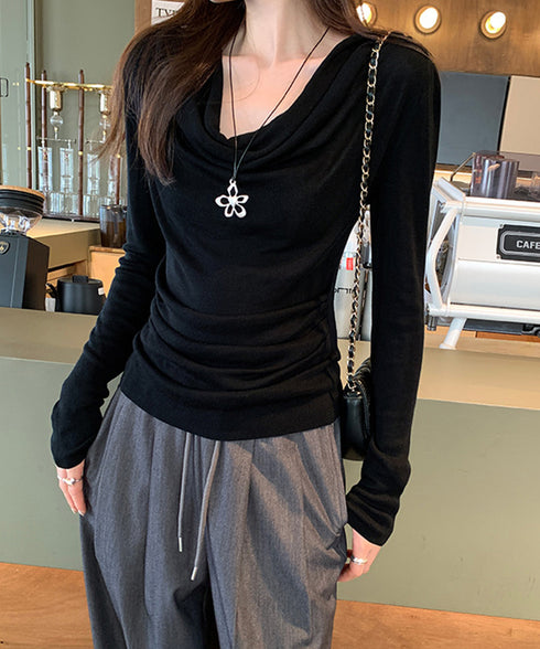 ドレープネックTシャツ 長袖トップス春秋 レディース おしゃれカットソー オフィスカジュアル 柔らかなプルオーバー 大人通勤トップス 韓国風 無地カットソー細見え 92JILAI-001