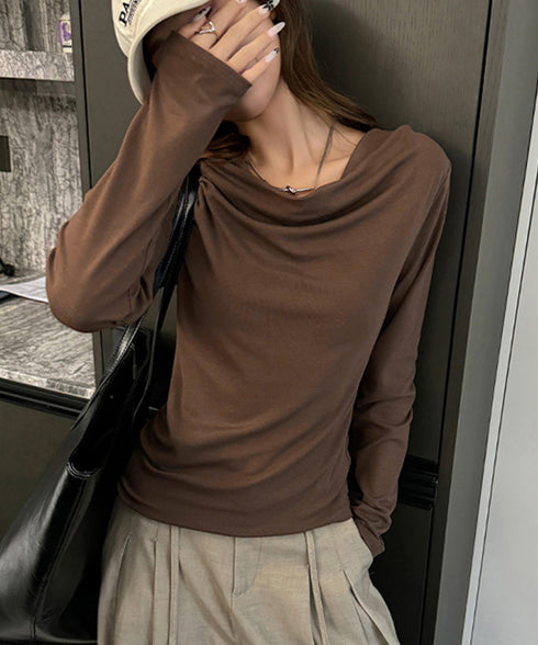 ドレープネックTシャツ 長袖トップス春秋 レディース おしゃれカットソー オフィスカジュアル 柔らかなプルオーバー 大人通勤トップス 韓国風 無地カットソー細見え 92JILAI-001
