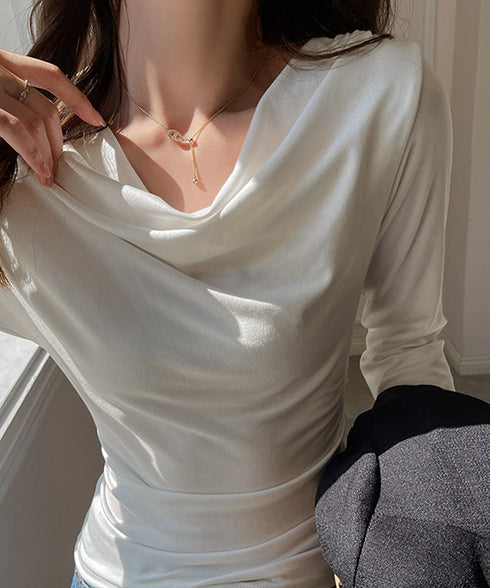 ドレープネックTシャツ 長袖トップス春秋 レディース おしゃれカットソー オフィスカジュアル 柔らかなプルオーバー 大人通勤トップス 韓国風 無地カットソー細見え 92JILAI-001