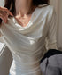 ドレープネックTシャツ 長袖トップス春秋 レディース おしゃれカットソー オフィスカジュアル 柔らかなプルオーバー 大人通勤トップス 韓国風 無地カットソー細見え 92JILAI-001