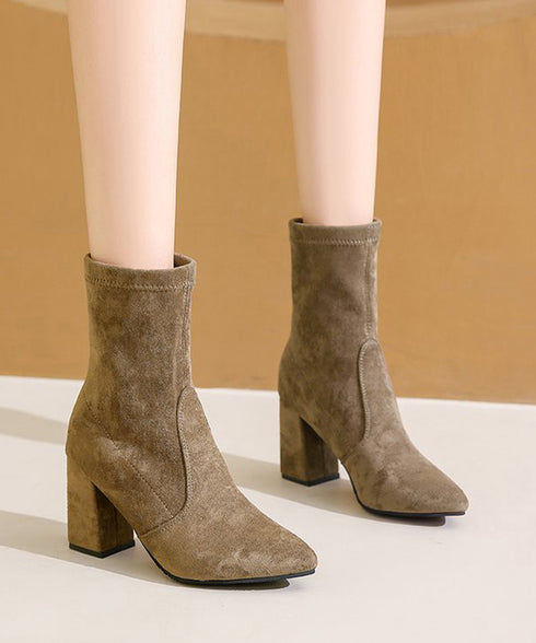 ショートブーツ スエードストレッチブーツ ポインテッドトゥ ブーティー美脚脚長 チャンキーヒール ミドルブーツ秋冬 レディース 太ヒール靴 歩きやすいブーツ高級感 92JLDZSW-006